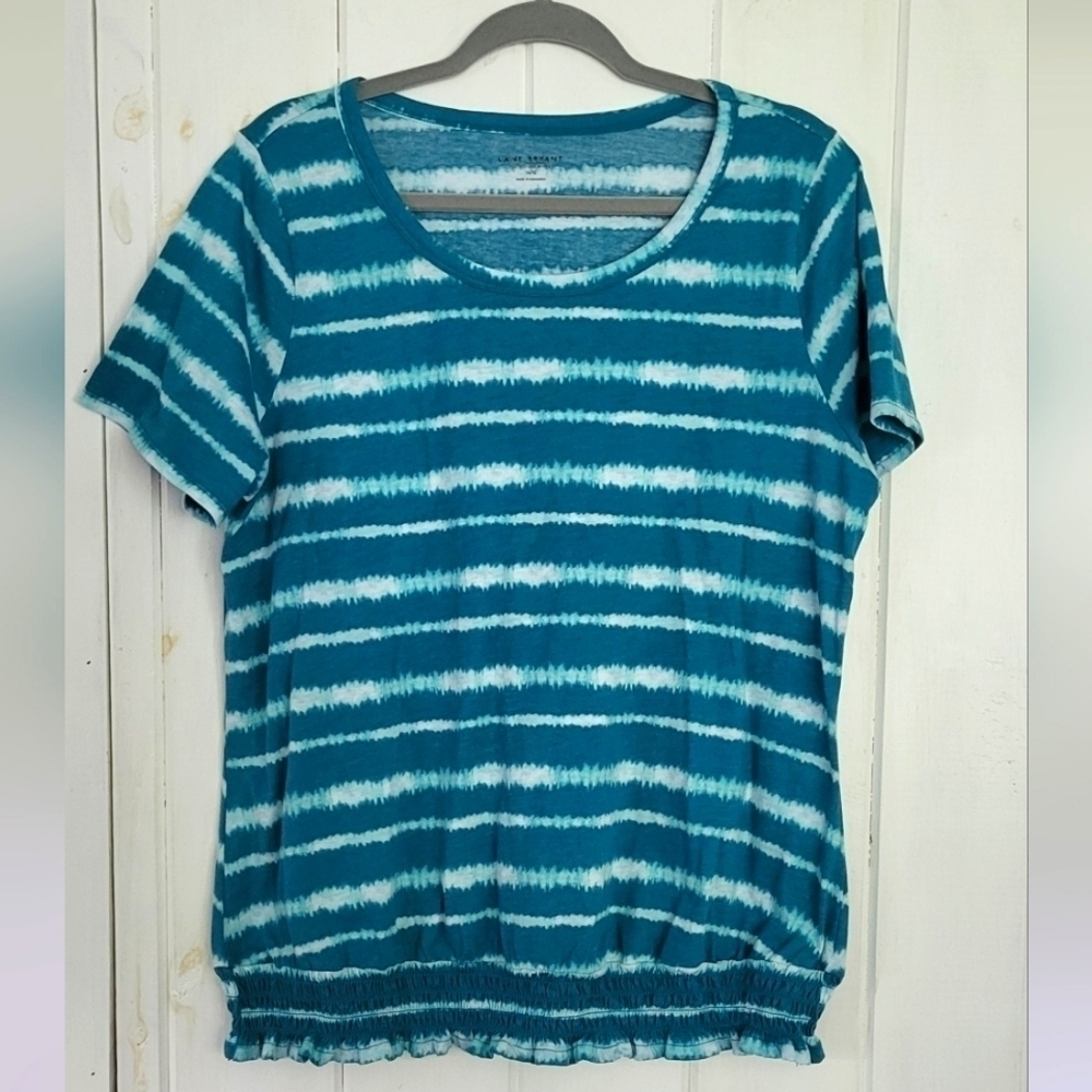 Lane Bryant Crew Neck Teal Stripe Elastic Bottom Tee